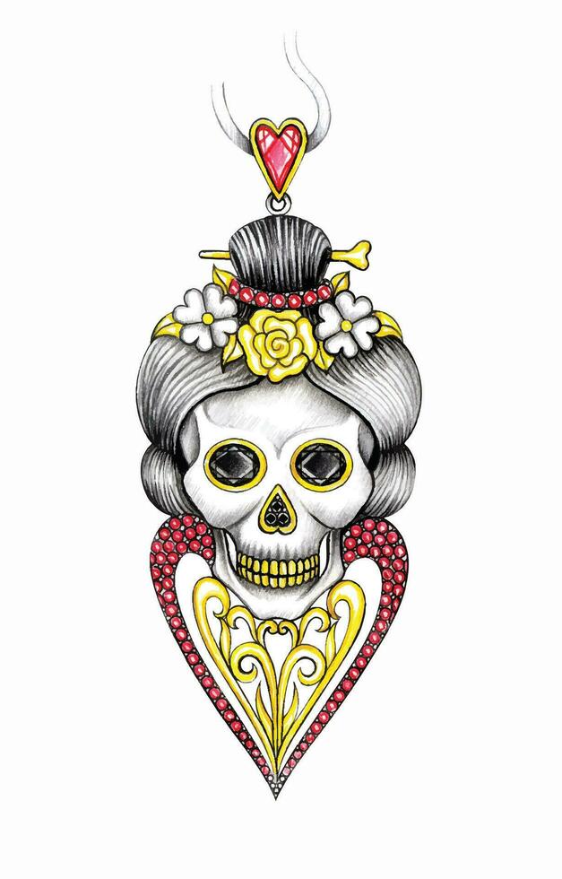 bijoux conception art ancien cœur mélanger crâne pendentif conception par main dessin sur papier. vecteur