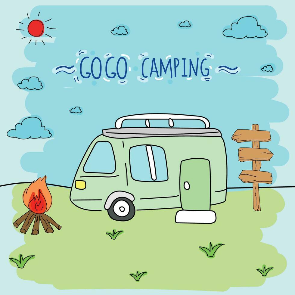 camping main tiré griffonnage vecteur illustration. camping concept.