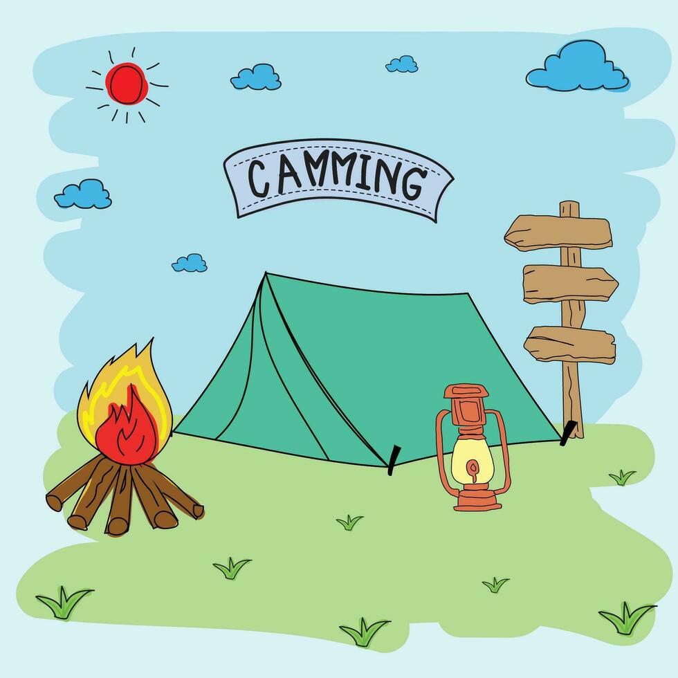 camping main tiré griffonnage vecteur illustration. camping concept.
