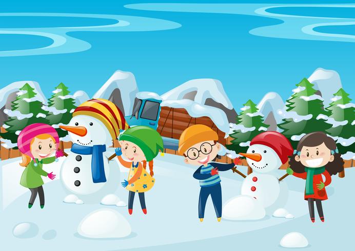 Enfants faisant un bonhomme de neige sur le terrain vecteur