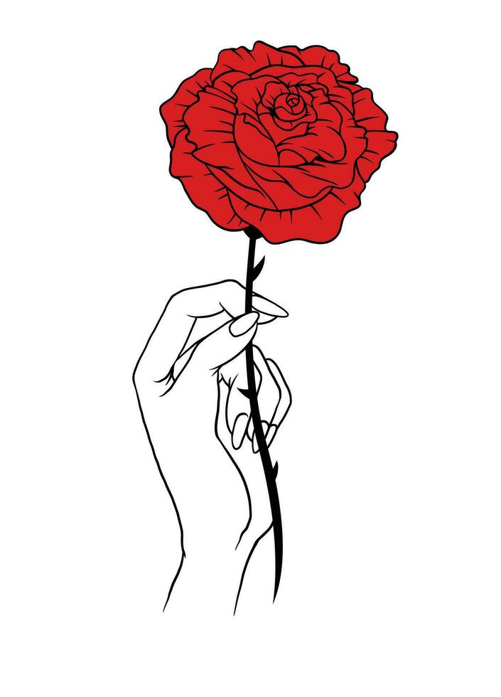 femelle main en portant une rouge Rose vecteur