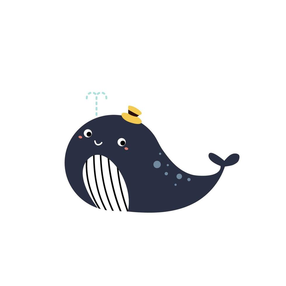 une mignonne bleu baleine avec mignonne Jaune chapeau nager dans océan dessin animé personnage pour les enfants album décorer isolé plat vecteur illustration. Bonjour l'heure d'été. content vacances sur le plage.
