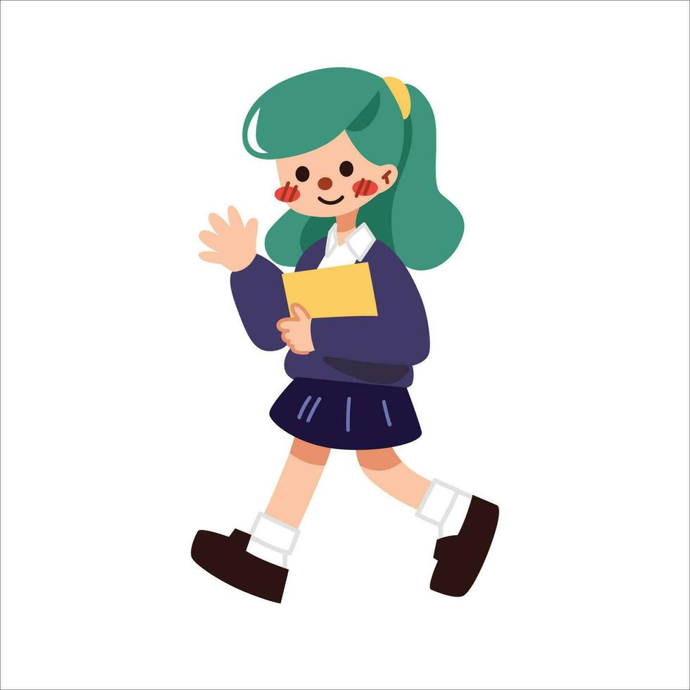 une mignonne fille en marchant à école avec école uniforme blanc isolé Contexte plat vecteur illustration. Bienvenue retour à école concept.