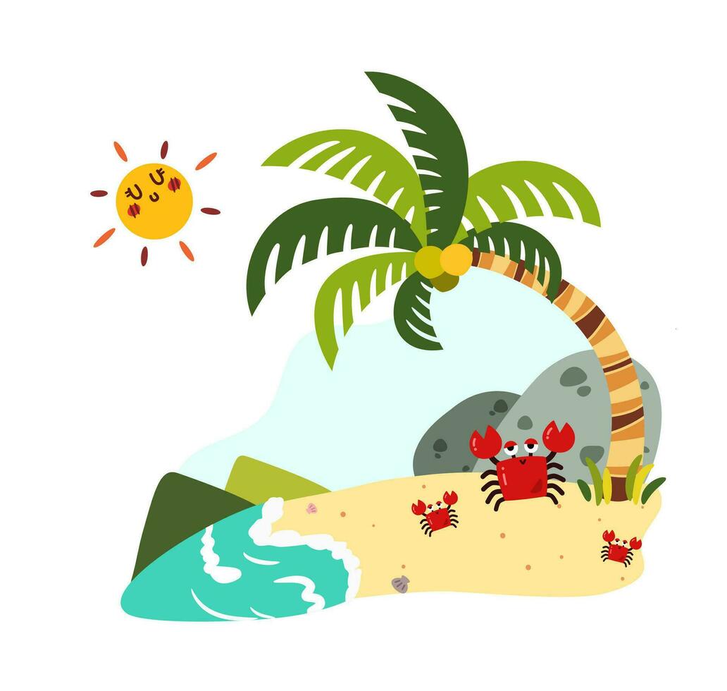 rouge Crabes sur le plage avec noix de coco arbre, rochers, Montagne et souriant Soleil plat vecteur illustration. été île.
