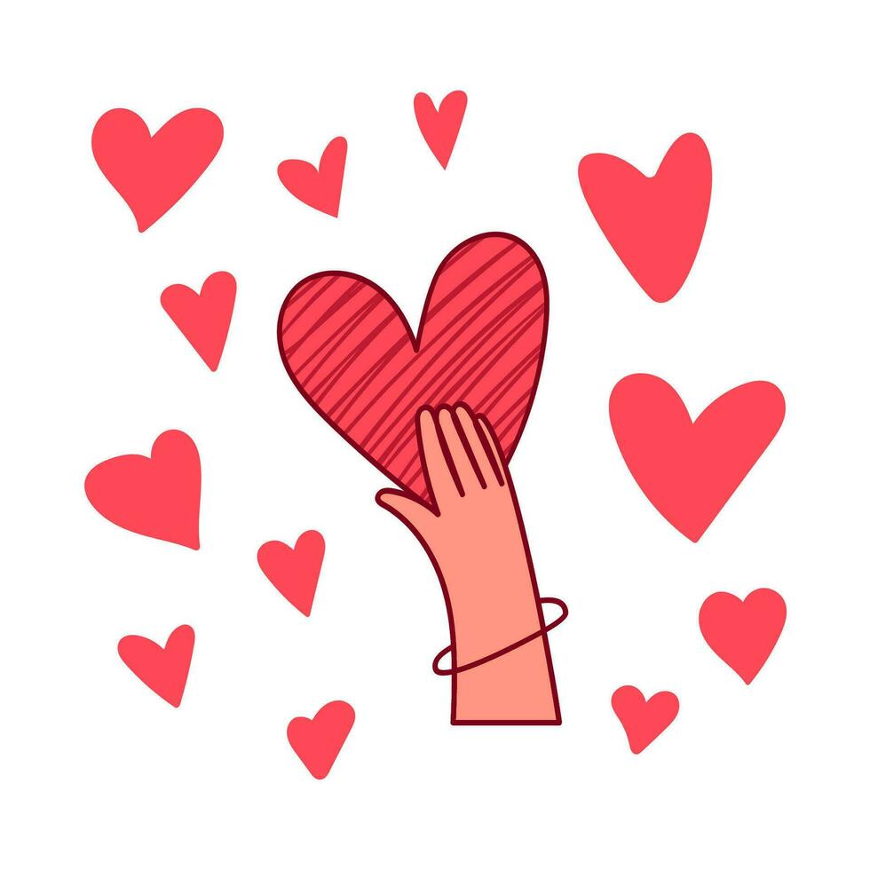 l'amour symboles. mains avec romantique panneaux tel comme cœurs. la Saint-Valentin journée vecteur