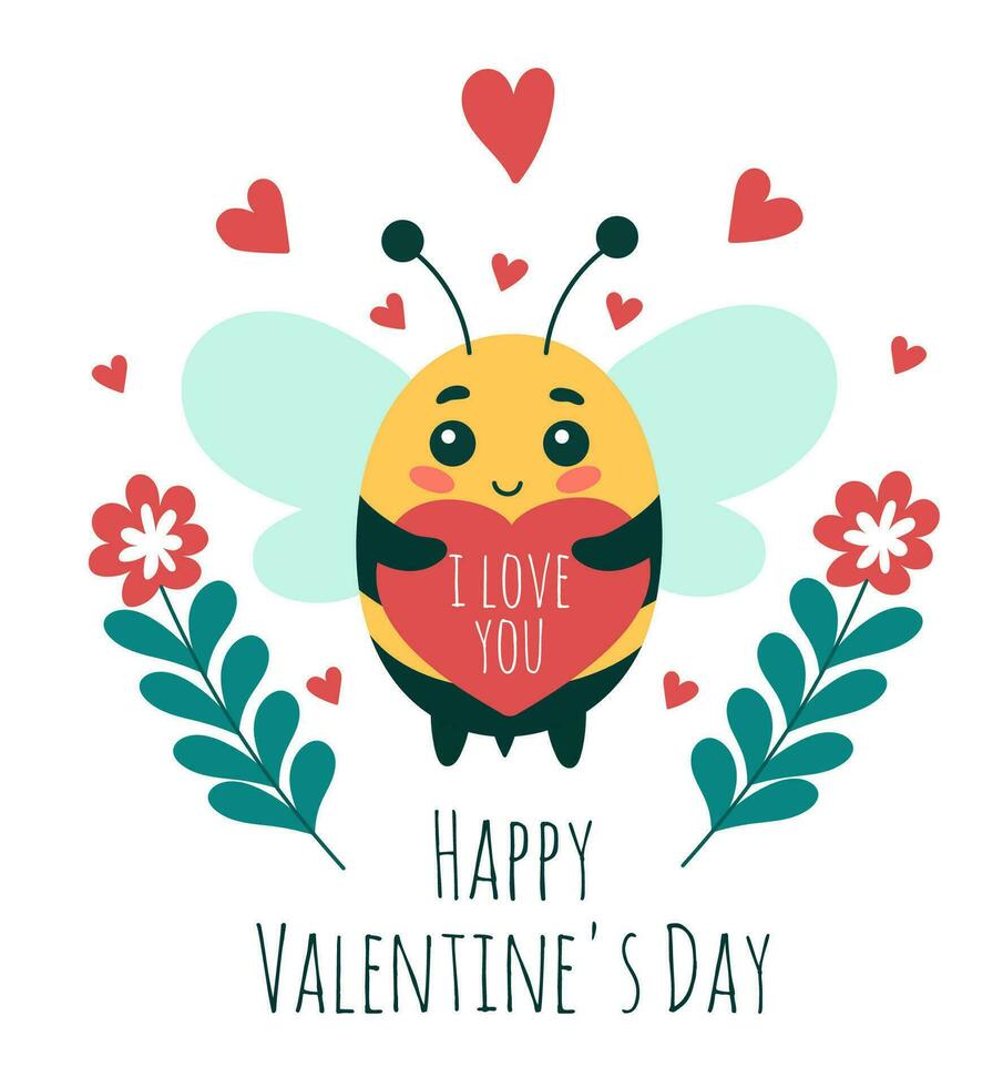 mignonne insecte abeille avec cœur pour Valentin jour, dessin animé personnage vecteur illustration