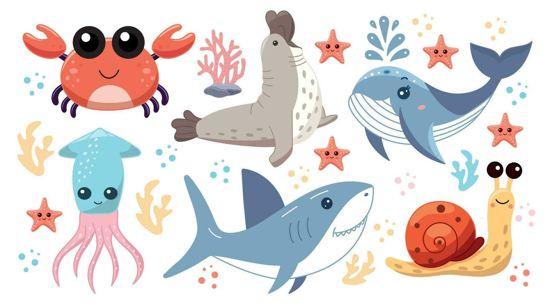 mignonne mer animaux, ensemble de des illustrations avec aquatique habitants de le océan, Crabe et l'éléphant joint, bleu baleine et calmar, requin et escargot vecteur