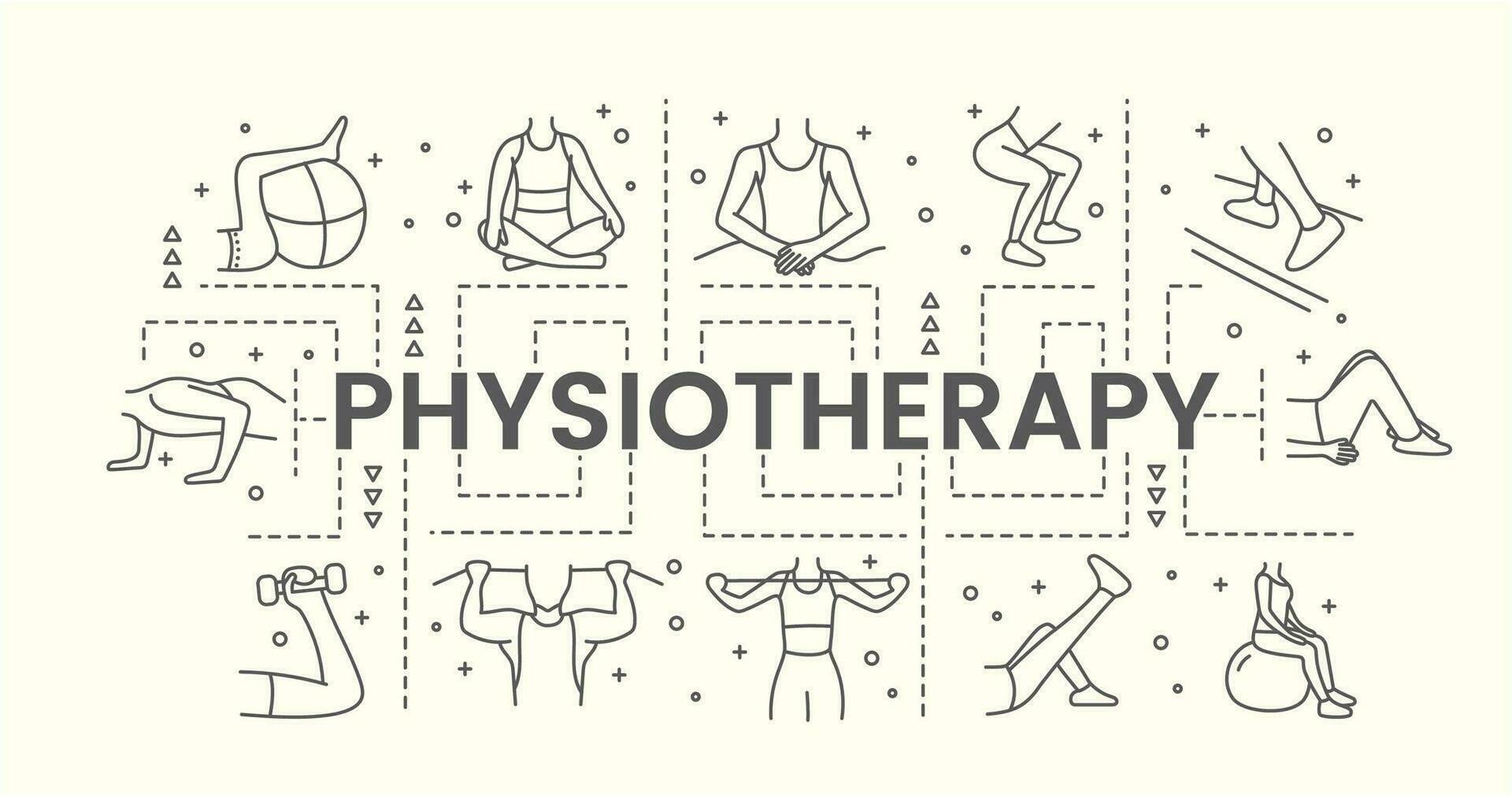 la toile bannière physiothérapie avec des illustrations de massage et divers physique des exercices sur le fitball, avec haltères, vecteur linéaire graphique.