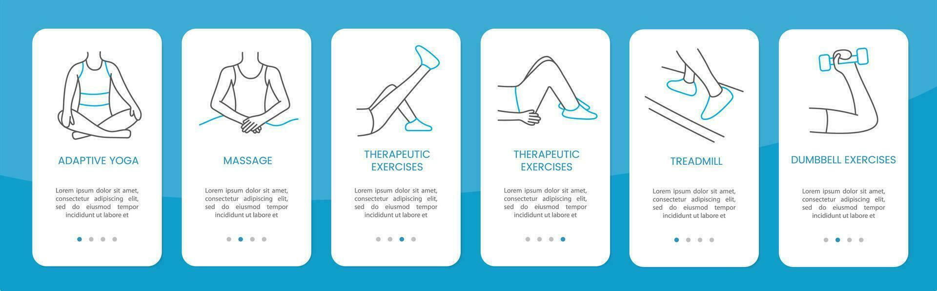 conception pour le application avec physiothérapie dans vecteur. adaptatif yoga et massage, physique des exercices sur le tapis roulant vecteur