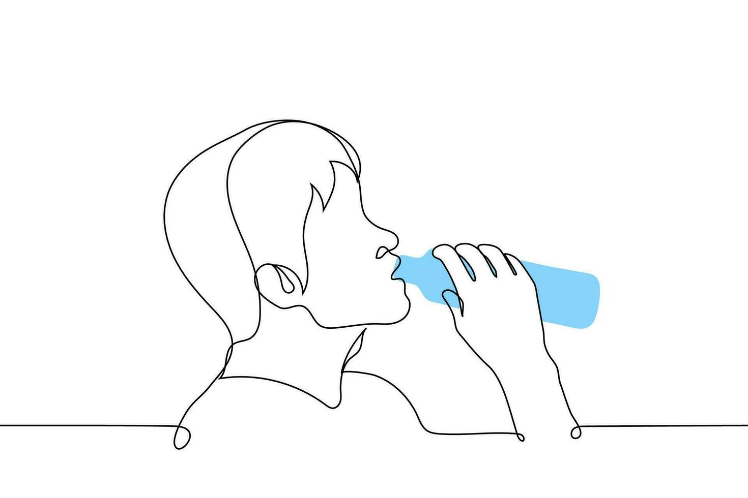 homme en buvant l'eau de une bouteille - un ligne dessin vecteur. concept Masculin profil portrait de une la soif extincteur buveur de une Plastique bouteille vecteur