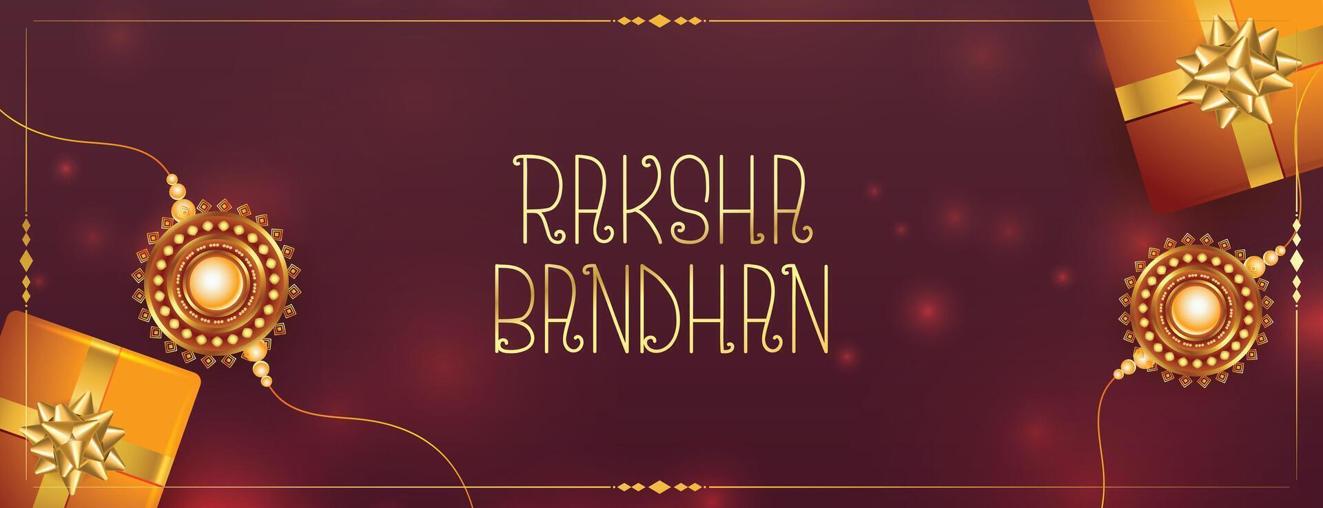 réaliste raksha bandhan Festival bannière avec cadeau des boites et rakhi vecteur