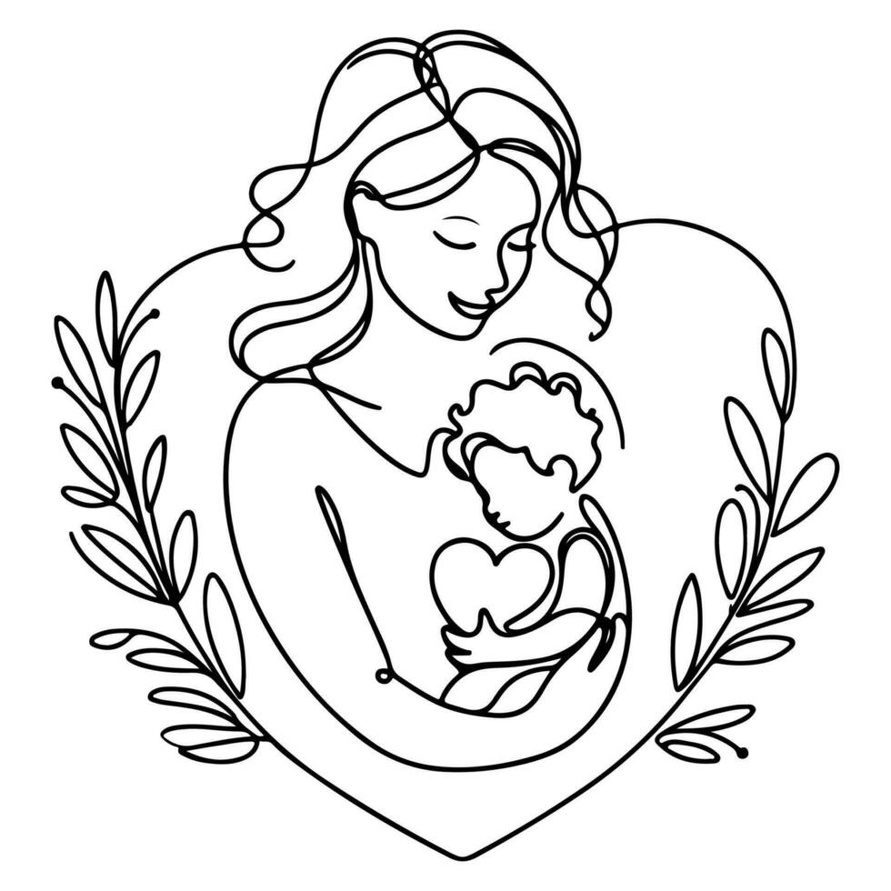 international aux femmes journée carte, femme en portant sa enfant dans cœur avec continu un noir contour ligne dessin content les mères journée bannière griffonnage style vecteur illustration