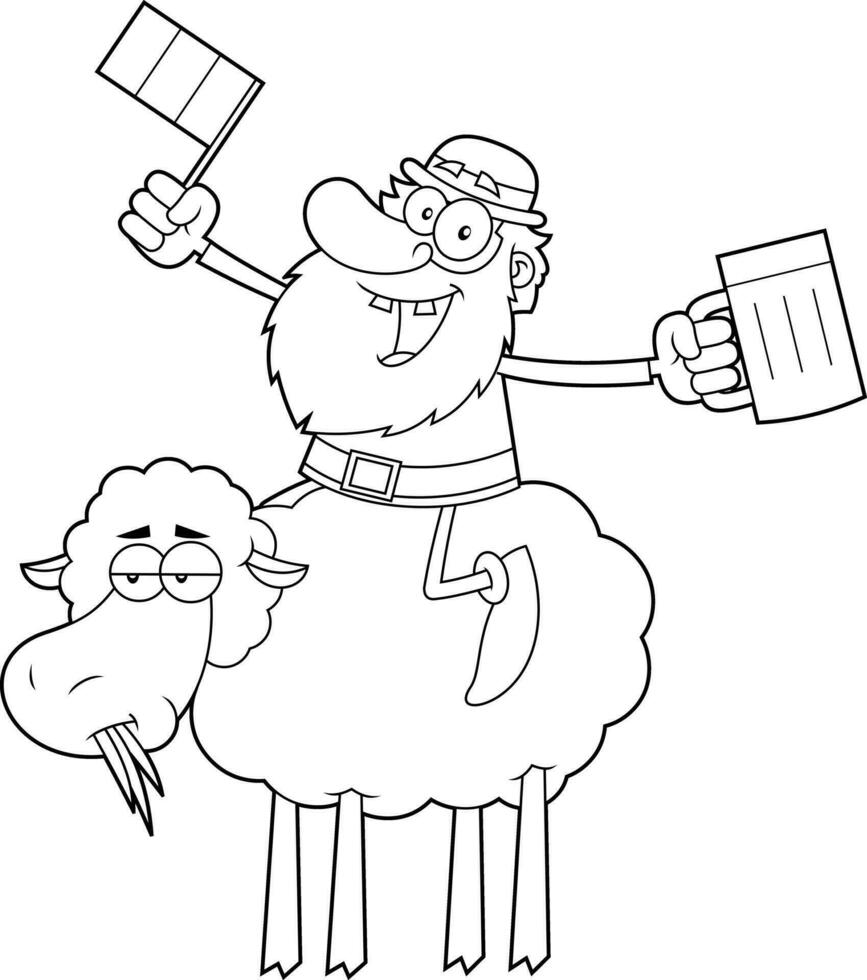 décrit chanceux lutin dessin animé personnage équitation une mouton avec une verre de Bière et un irlandais drapeau. vecteur main tiré illustration