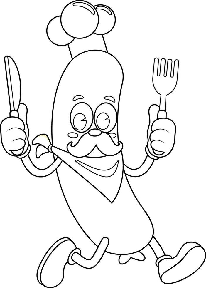 décrit saucisse chef rétro dessin animé personnage avec couteau et fourchette fonctionnement vecteur