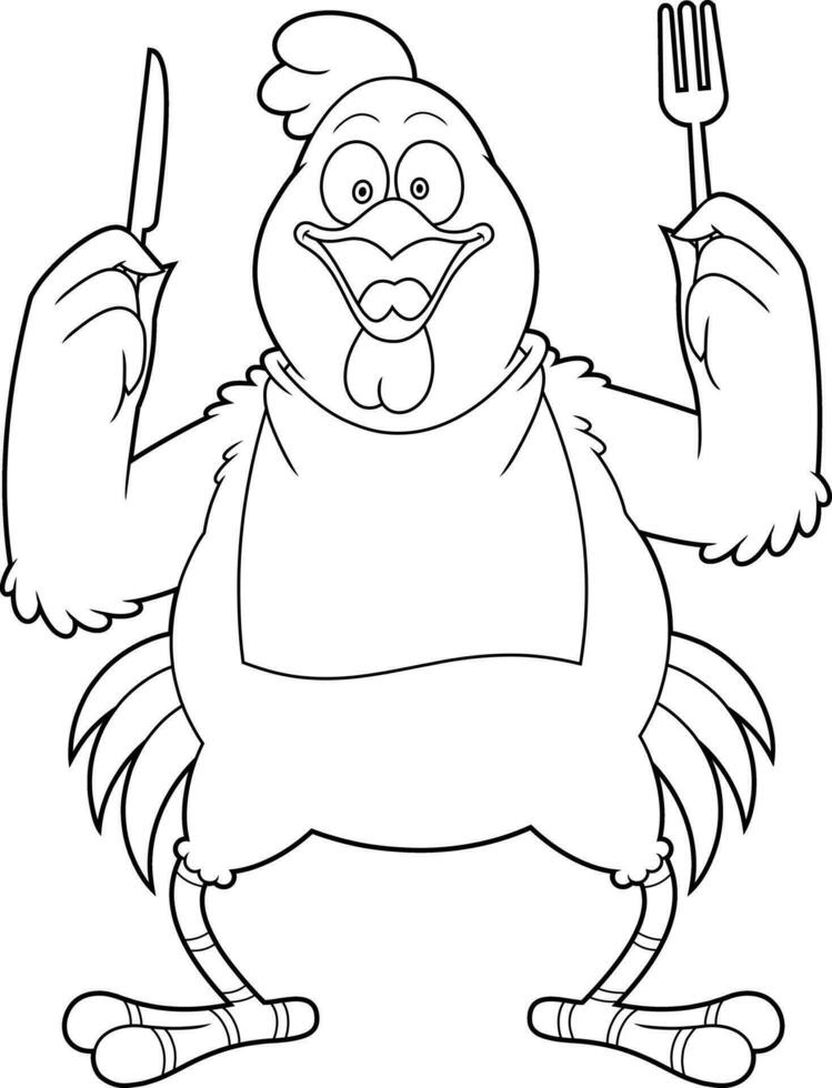 décrit faim poulet coq dessin animé personnage avec couteau et fourchette. vecteur main tiré illustration