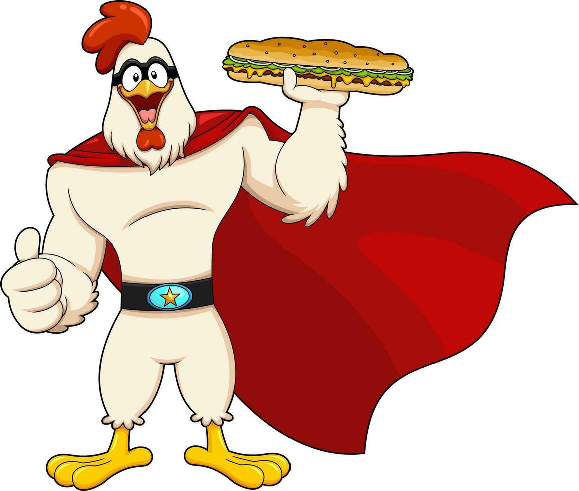super-héros poulet coq dessin animé personnage présent meilleur sous sandwich. vecteur main tiré illustration