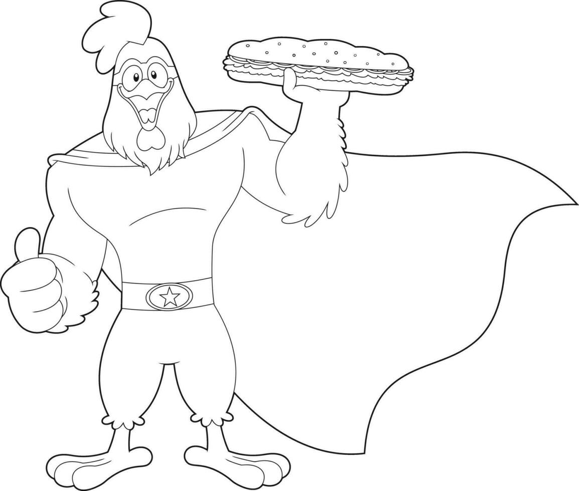 décrit super-héros poulet coq dessin animé personnage présent meilleur sous sandwich. vecteur main tiré illustration