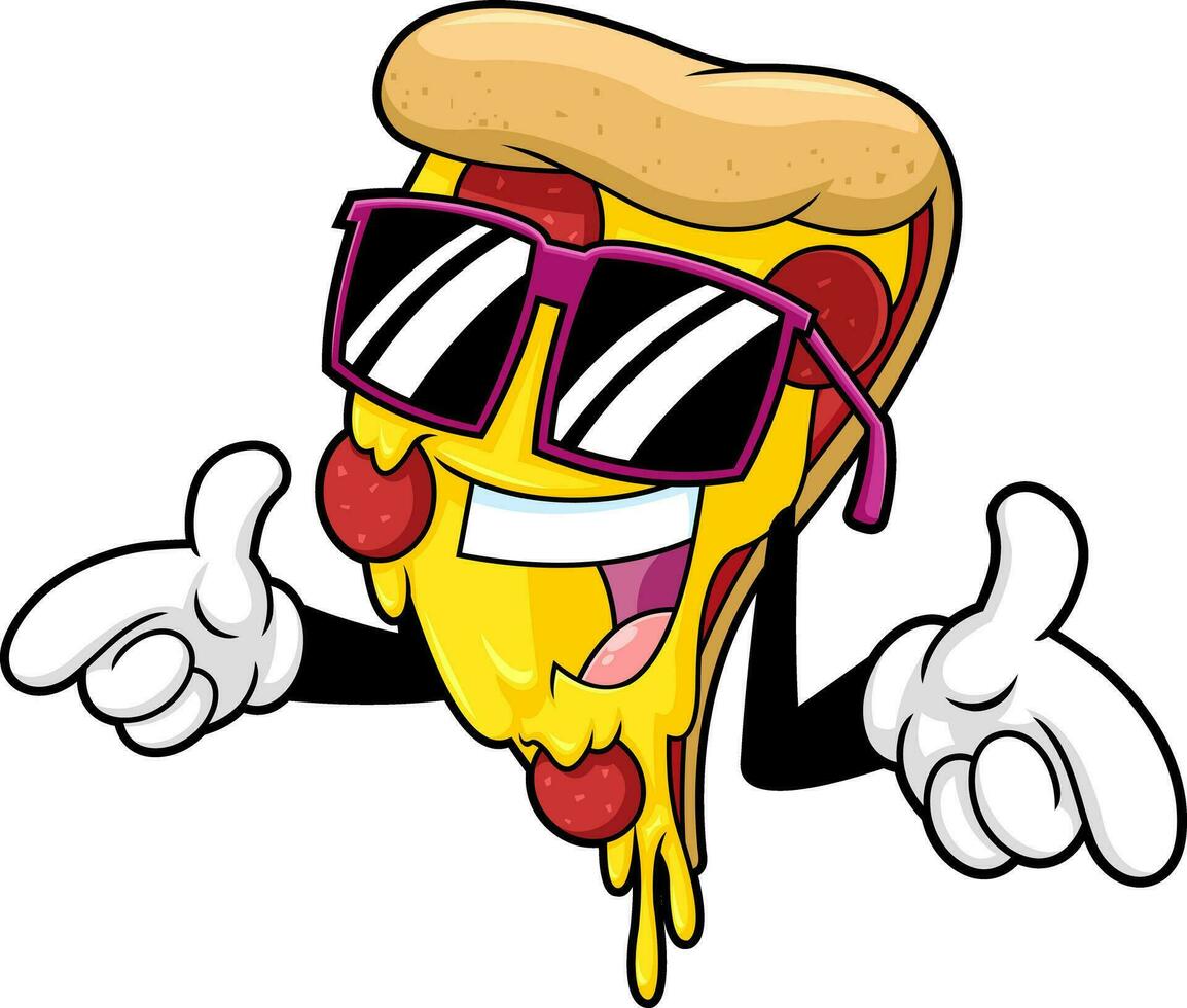 marrant Pizza tranche dessin animé personnage avec des lunettes de soleil. vecteur main tiré illustration