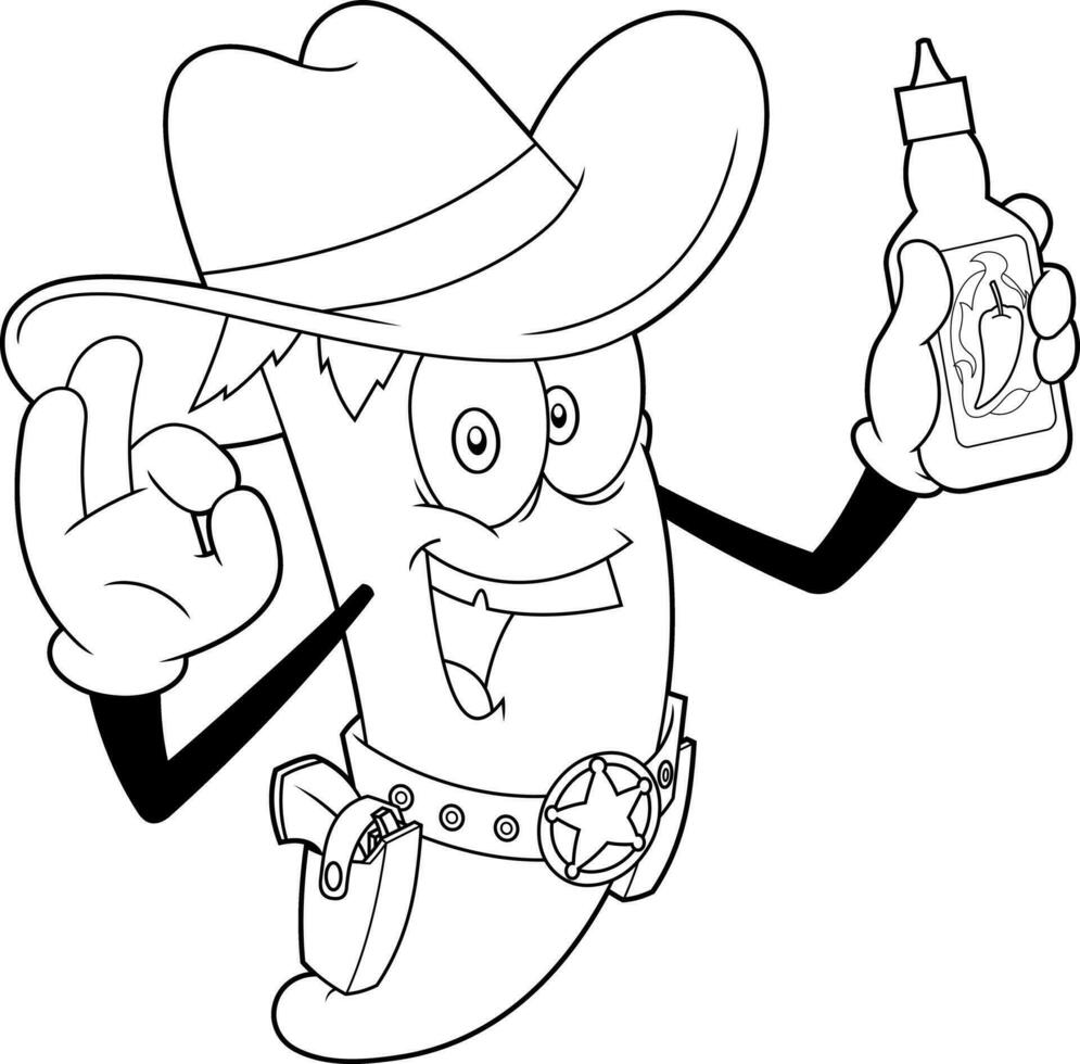 décrit chaud le Chili poivre cow-boy dessin animé personnage présent meilleur chaud sauce. vecteur main tiré illustration