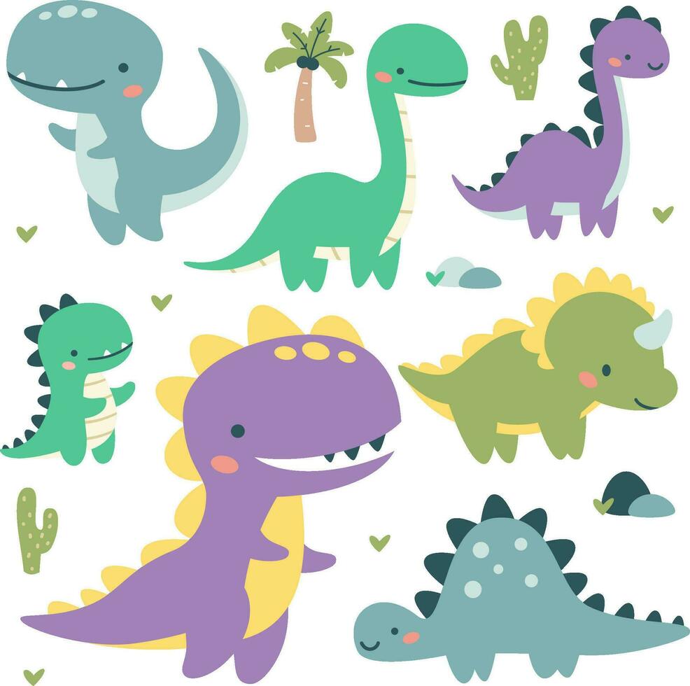 ensemble de plat vecteur des illustrations dans enfants style. mignonne gentil dinosaures, paume des arbres et cactus.