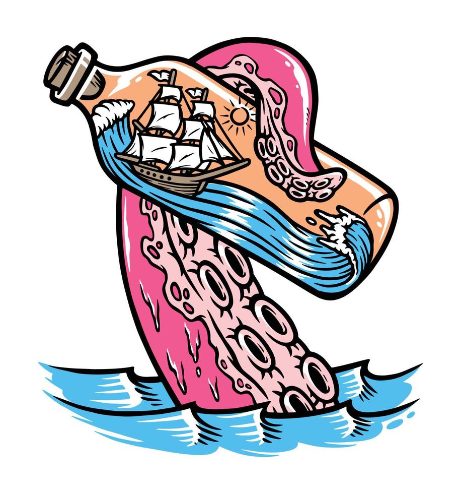 voilier en bouteille et illustration d'attaque de poulpe géant vecteur