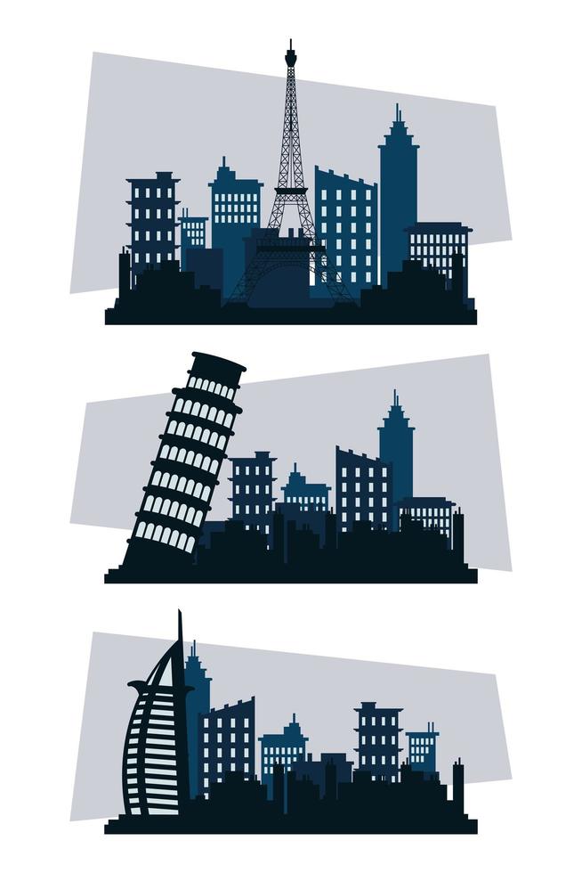 lot de scènes de silhouettes de trois villes vecteur