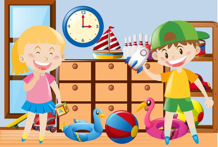 Garçon et fille jouant des jouets dans la chambre vecteur