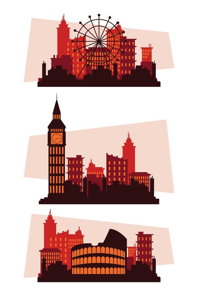 paquet de trois villes horizons silhouettes scènes vecteur