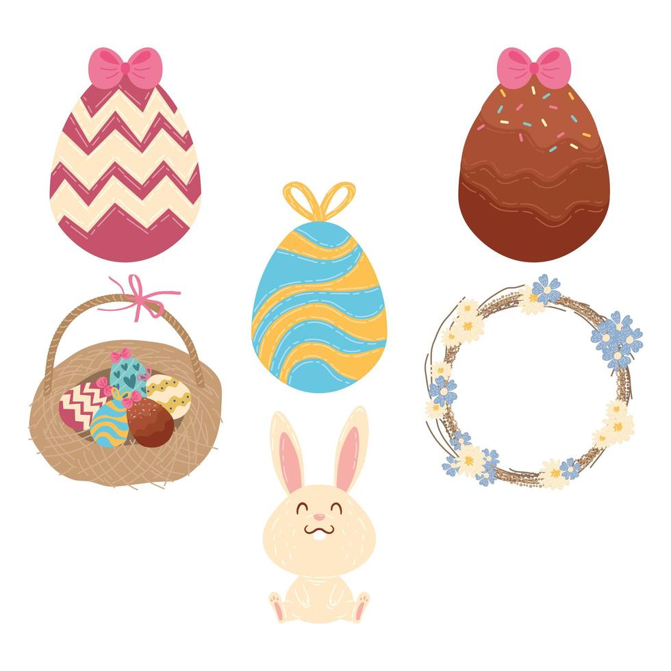 carte de célébration de joyeuses pâques avec des œufs peints dans un panier et un lapin mignon vecteur