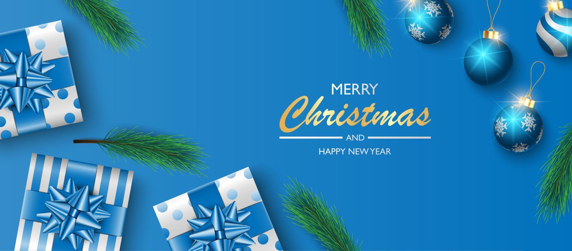 conception de fond de bannière de Noël, boîte de cadeaux sur fond bleu, fond de couverture de Noël, carte de voeux, illustration vectorielle vecteur