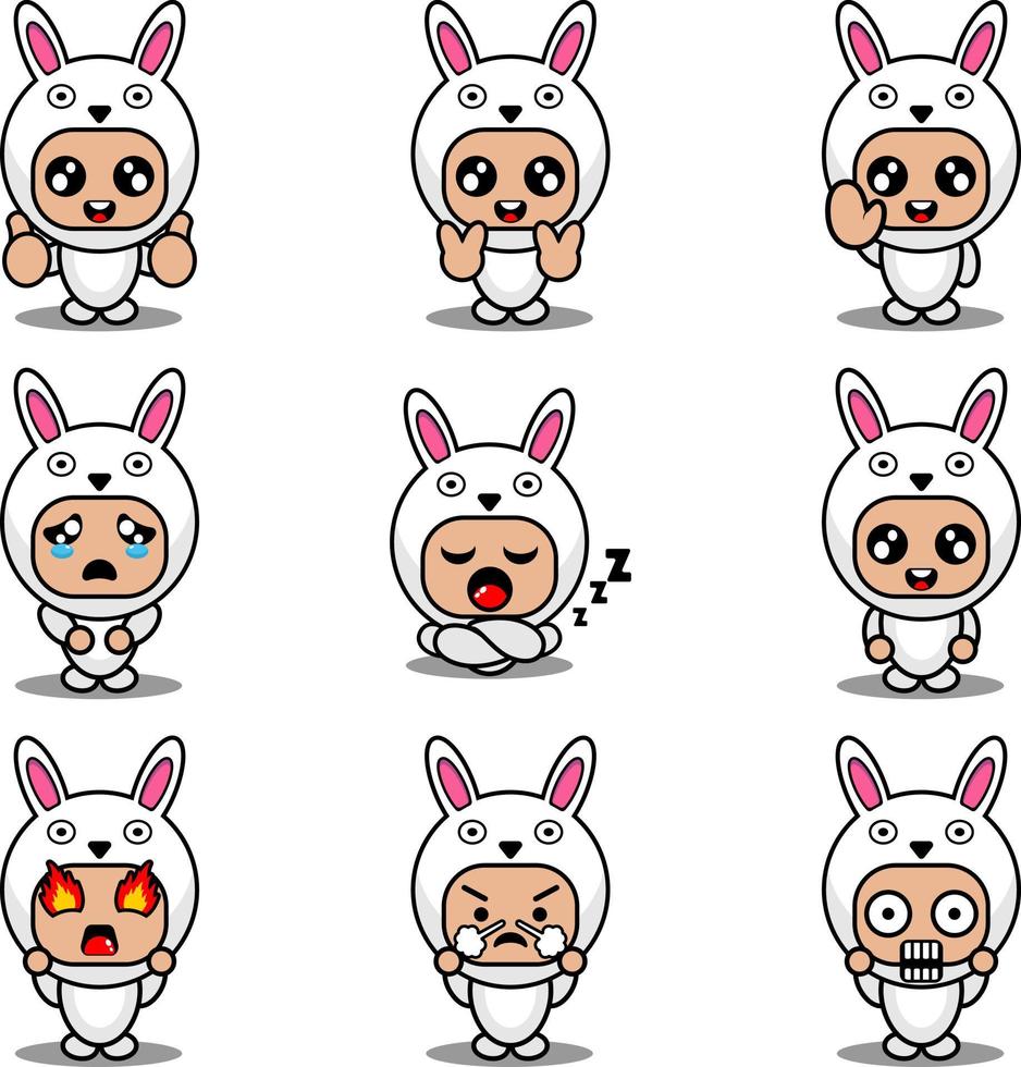 Ensemble d'expression de costume de mascotte mis en illustration vectorielle de personnage de lapin de dessin animé vecteur