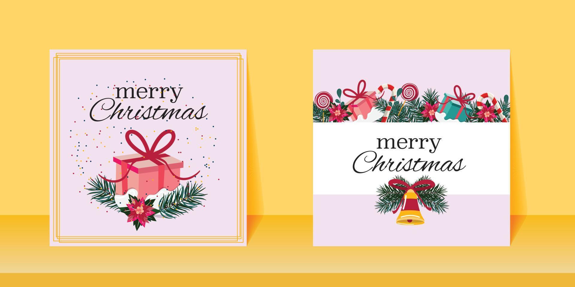 cartes de noël en carré rose pastel avec une cloche, des branches de pin, des coffrets cadeaux, des bonbons et des fleurs. joyeux noël bannières. jolies cartes de voeux carrées pour noël. vecteur