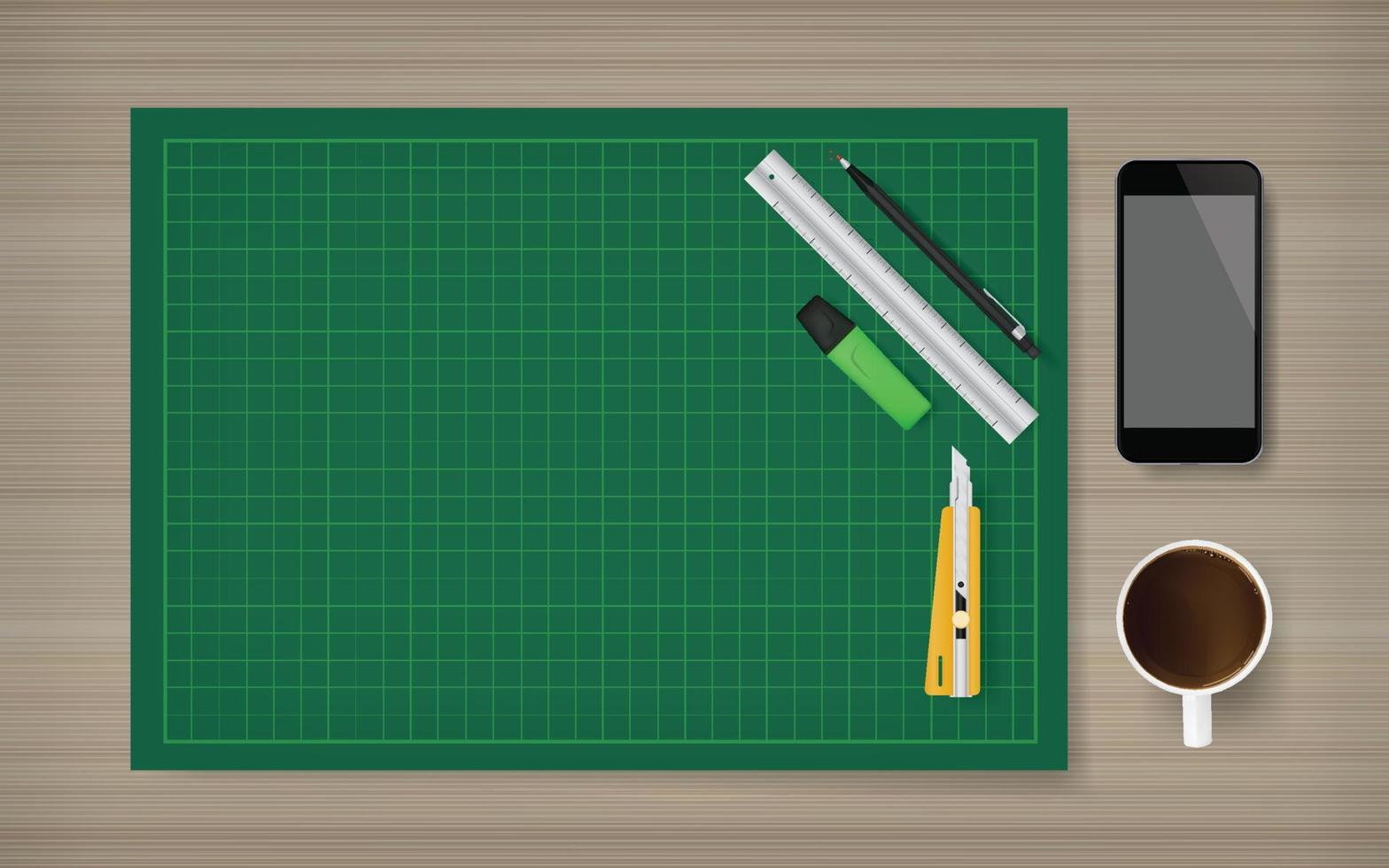 tapis de coupe vert avec ensemble d'objets de bureau - cutter, règle, crayon, smartphone et tasse à café sur fond de bois. illustration vectorielle. vecteur