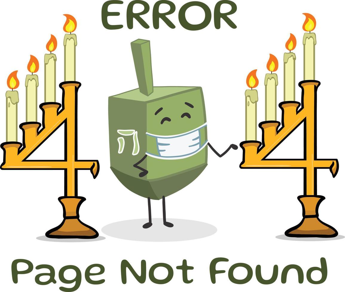 Message d'erreur 404 sur le thème de Hanoucca. oups page introuvable. page manquante à venir message d'erreur. faire tourner le personnage mignon du jeu dreidel. vecteur