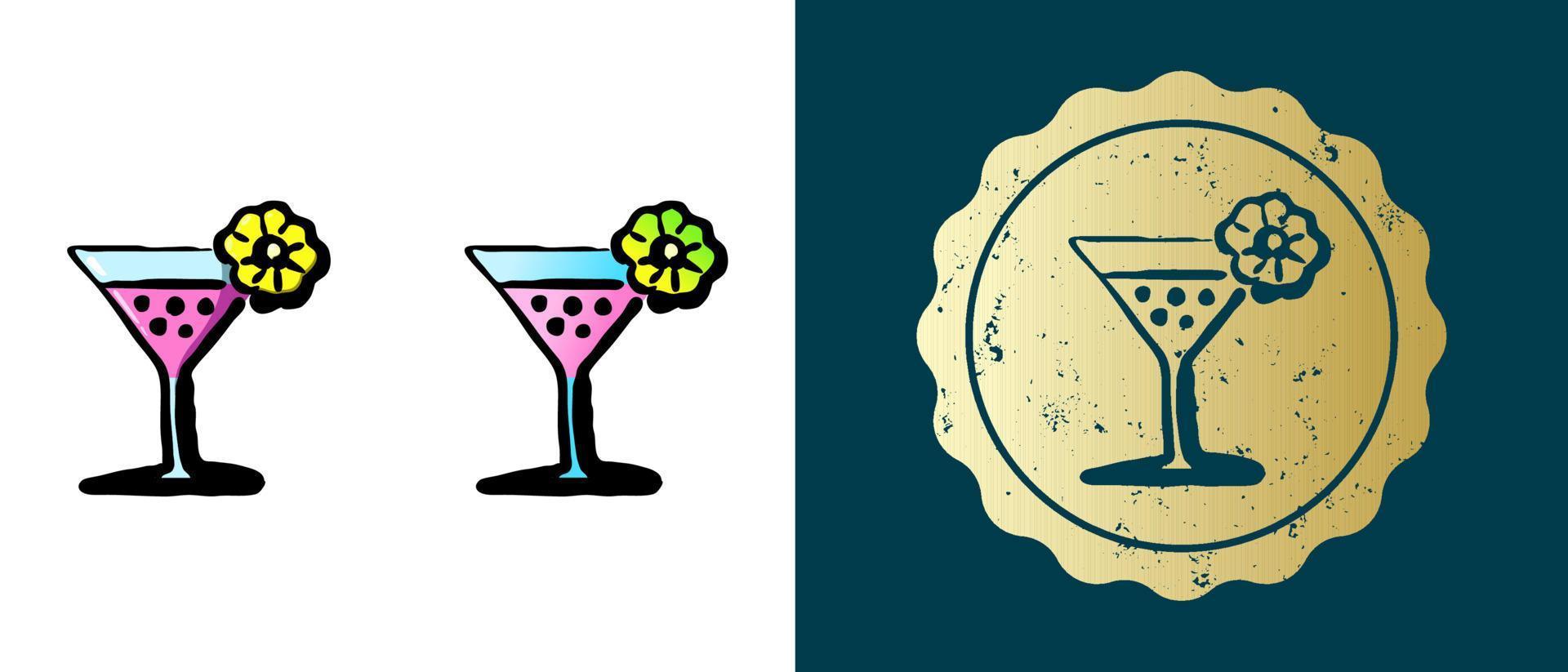 il s'agit d'un ensemble d'icônes de cocktails alcoolisés rétro, contours et dégradés. c'est un autocollant doré, une étiquette de cocktail au citron. solution élégante pour l'emballage et la conception de sites Web. timbre rond en or grunge. vecteur