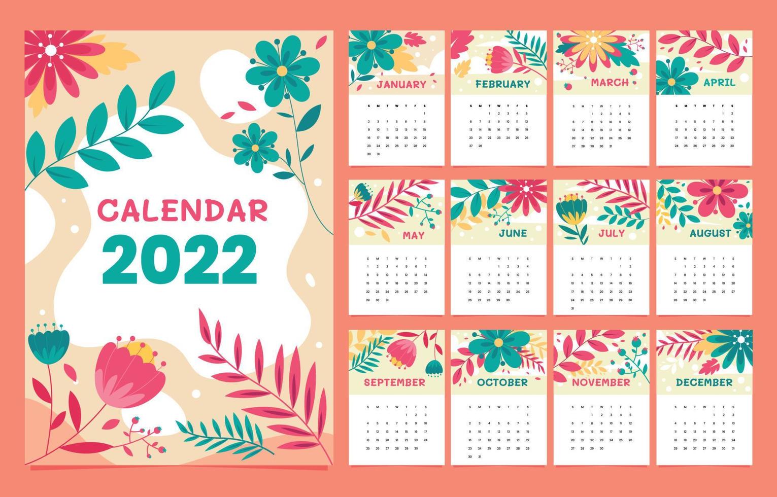 Thème floral du calendrier 2022 vecteur