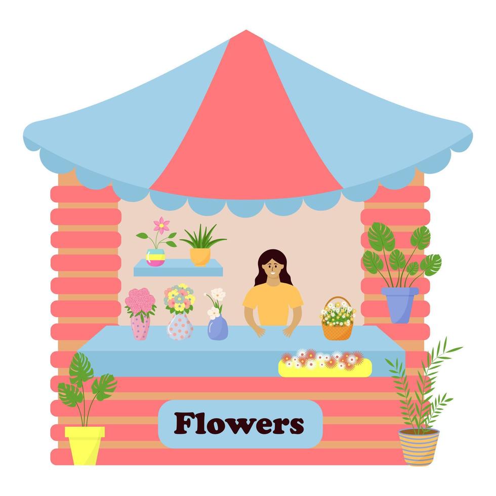 comptoir de marché vendant des fleurs dans des vases et des plantes d'intérieur dans des pots. vecteur