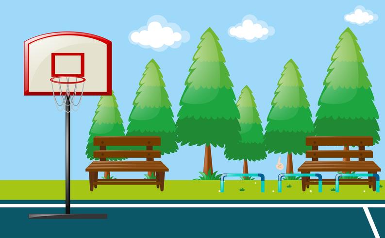 Scène de parc avec terrain de basket vecteur