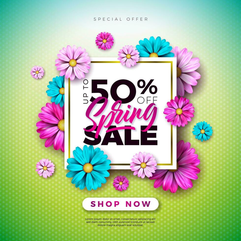 printemps vente conception modèle avec coloré fleurs et typographie lettre sur vert Contexte. vecteur spécial offre illustration pour coupon, bannière, bon ou promotionnel affiche.