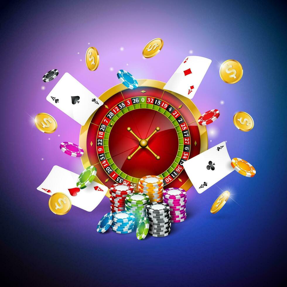 vecteur illustration sur une casino thème avec roulette roue, chute poker cartes, or pièce de monnaie et en jouant frites sur foncé coloré Contexte. jeux d'argent conception pour salutation carte, affiche, invitation ou promo