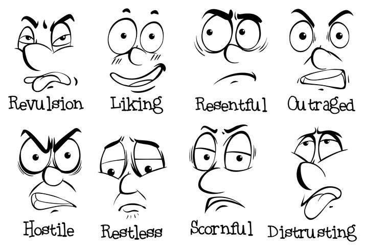 Huit expressions différentes sur des visages humains vecteur