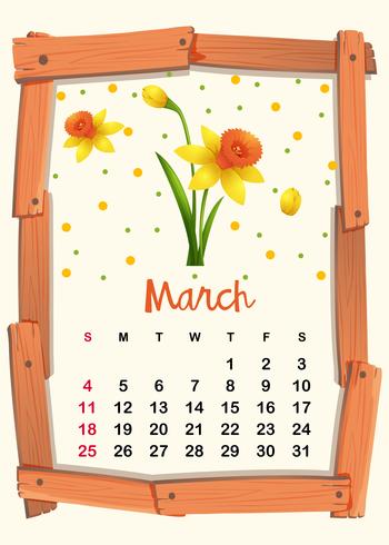 Modèle de calendrier pour mars avec fleur jaune vecteur