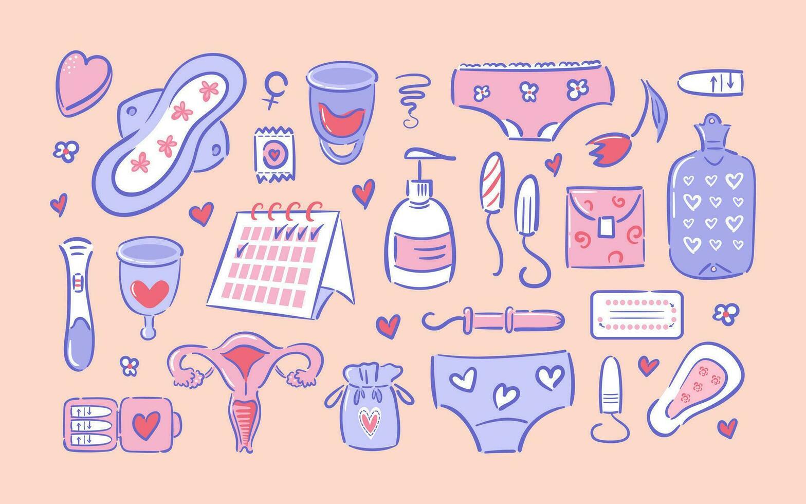 ensemble de féminin hygiène articles dans main dessiner style. menstruel tasses, calendrier. réutilisable et jetable tampons. tampons, culotte, grossesse tester et naissance contrôle pilules. utérus. femmes santé. cycle traqueur vecteur