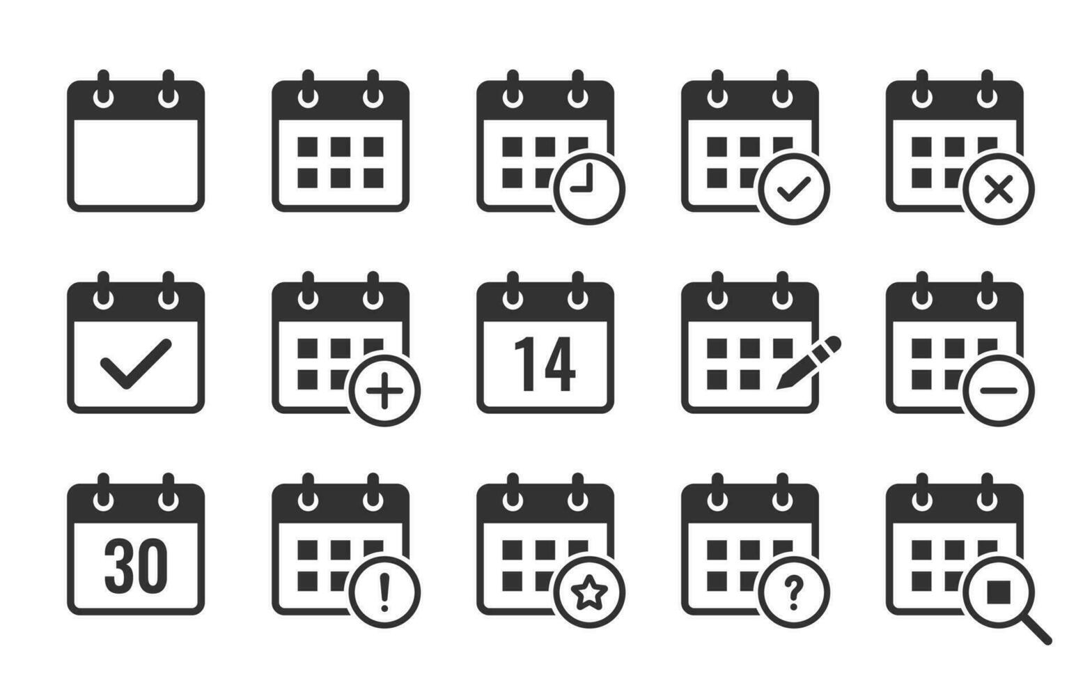 calendrier icône ensemble. contenant date, calendrier, mois, semaine, rendez-vous, ordre du jour, organisation, et un événement Icônes. vecteur