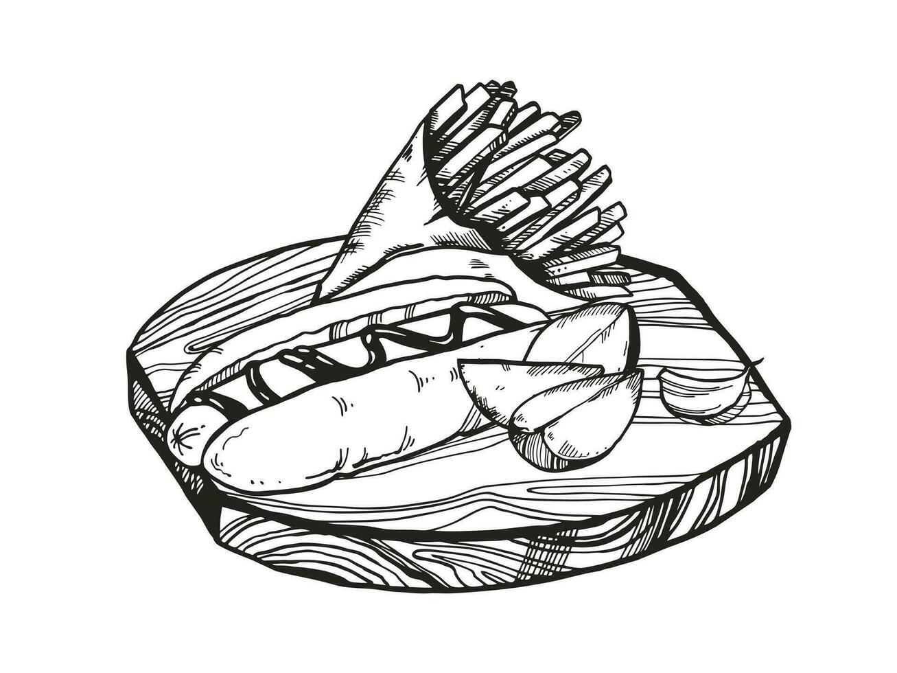 main tiré vecteur illustration de vite nourriture, encre esquisser de chaud chien, rôti patates, français frites dans artisanat papier sur Coupe en bois conseil, noir et blanc illustration isolé sur blanc Contexte