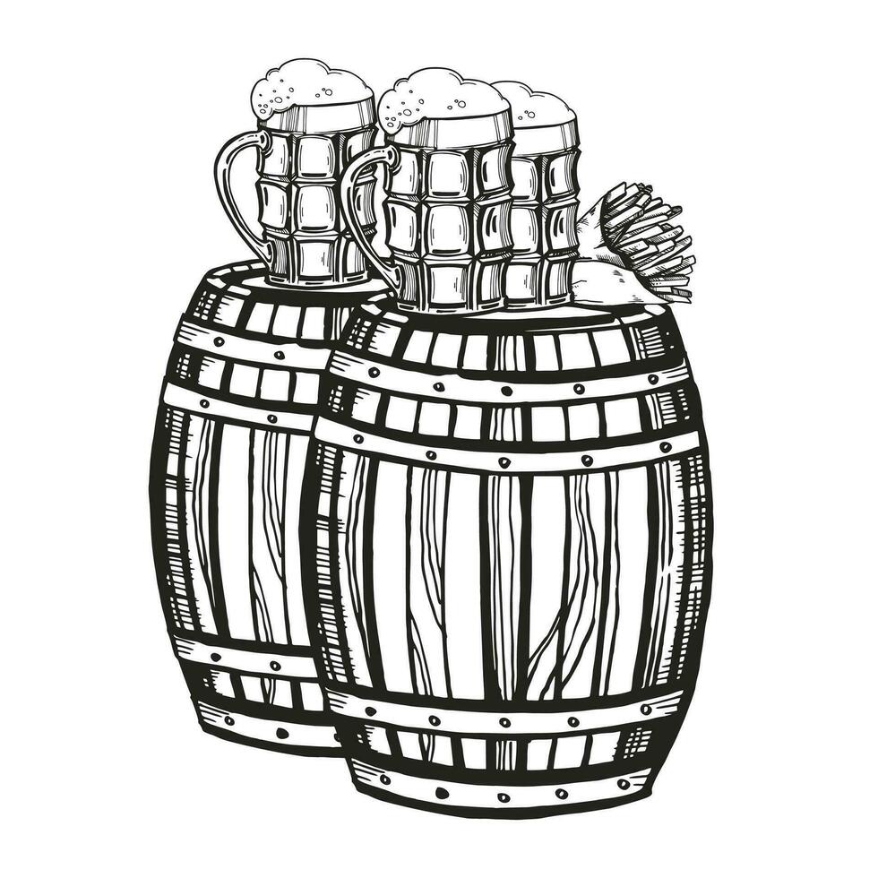 main tiré vecteur esquisser de en bois baril pour vin, bière, whisky et Bière lunettes, français frites, noir et blanc illustration de texturé bois chêne tonnelet, encré illustration isolé sur blanc Contexte