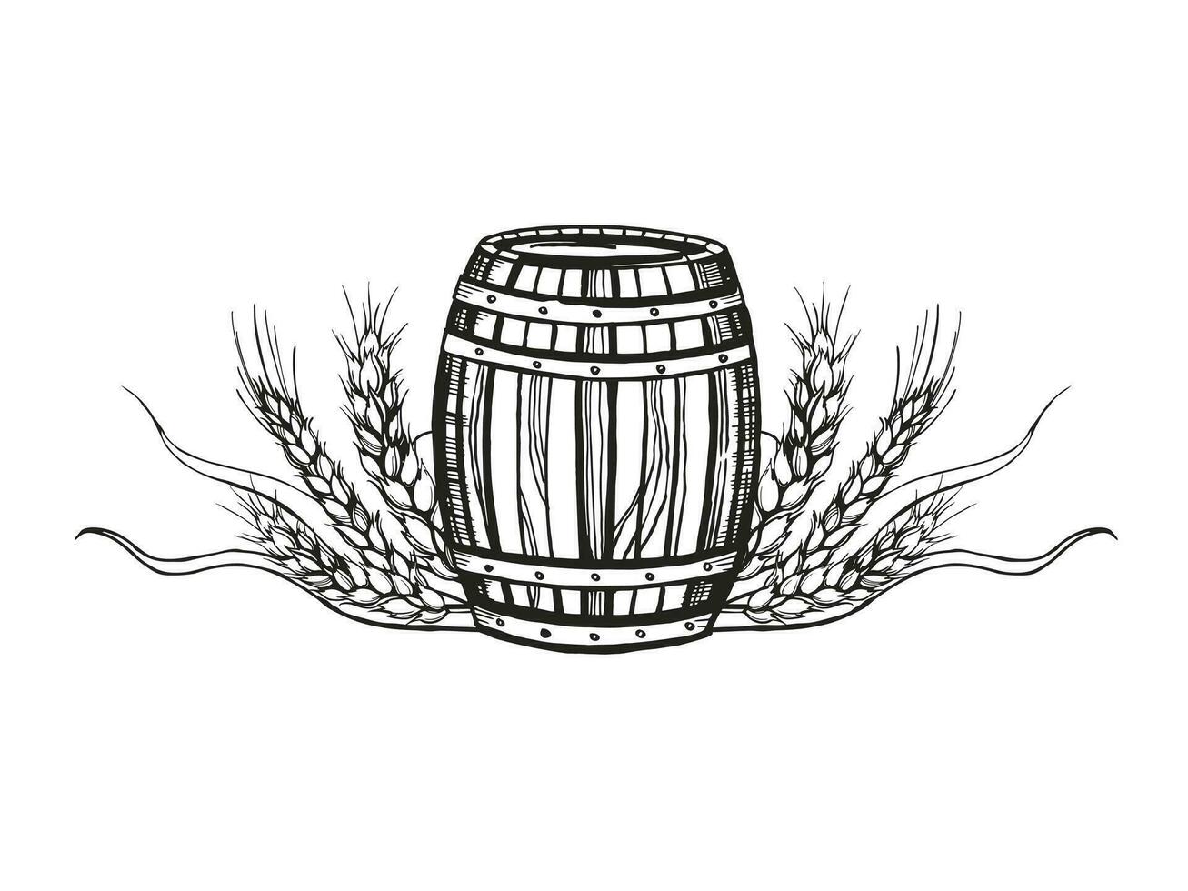 main tiré vecteur esquisser de en bois baril pour vin, bière, whisky et oreilles de blé, noir et blanc illustration de bois chêne tonnelet et blé usine, encré illustration isolé sur blanc Contexte