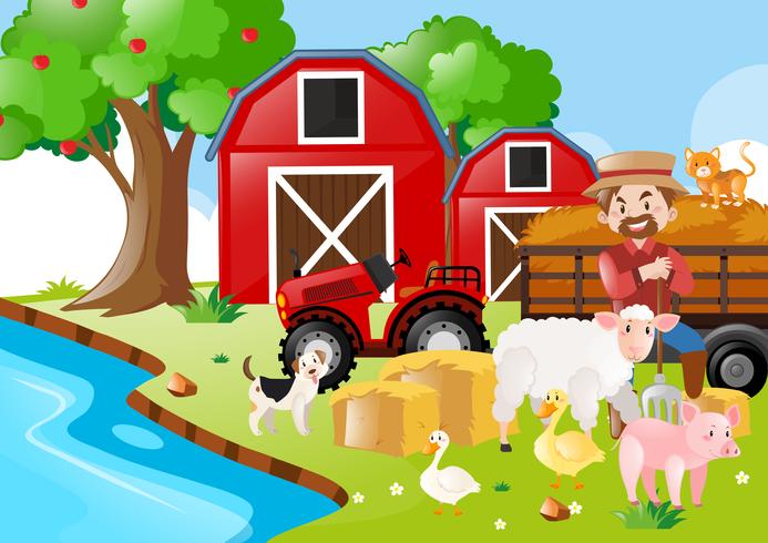 Scène de ferme avec fermier et animaux vecteur
