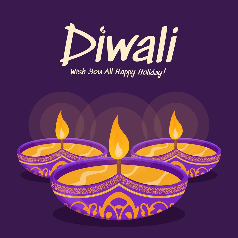 conception heureuse de diwali avec des éléments de lampe à huile diya sur fond violet, effet scintillant bokeh, carte de voeux de célébration de diwali. vecteur