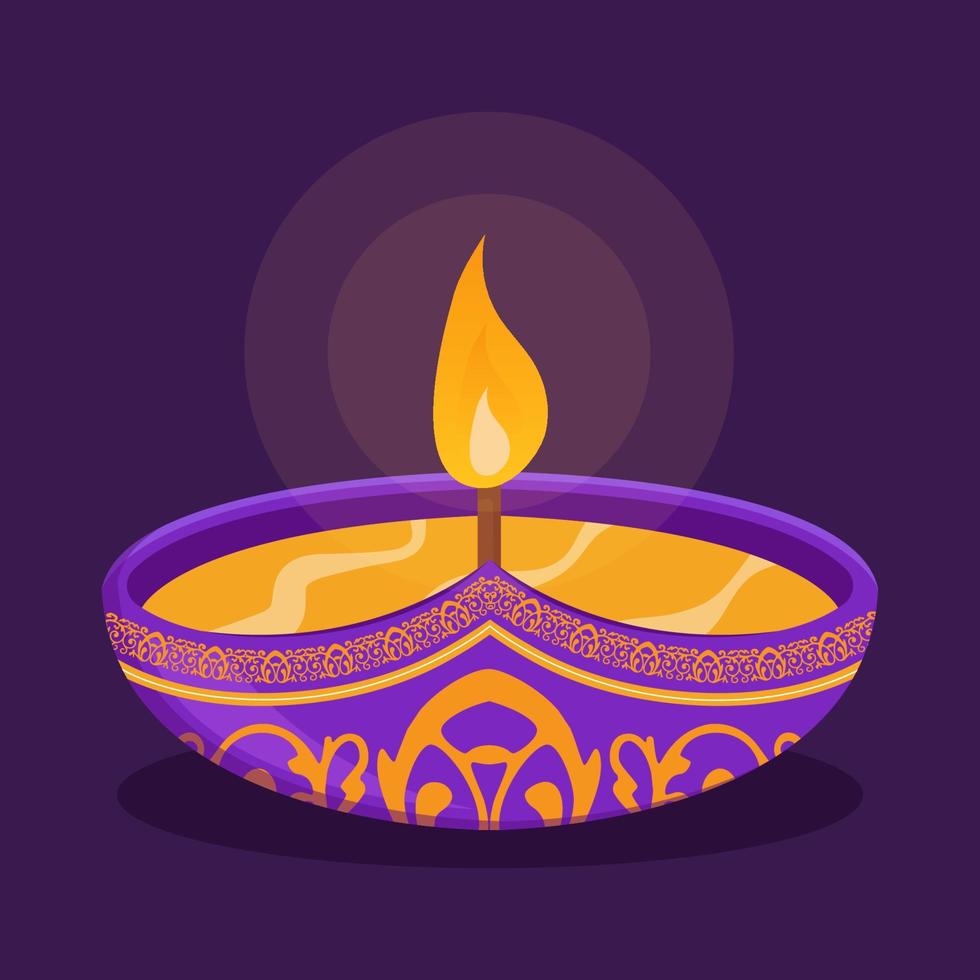 conception heureuse de diwali avec des éléments de lampe à huile diya sur fond violet, effet scintillant bokeh, carte de voeux de célébration de diwali. vecteur